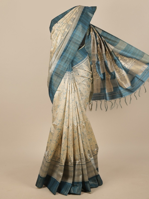 

Pothys Cream-Coloured & Blue Abstract Printed Jute Silk Saree
