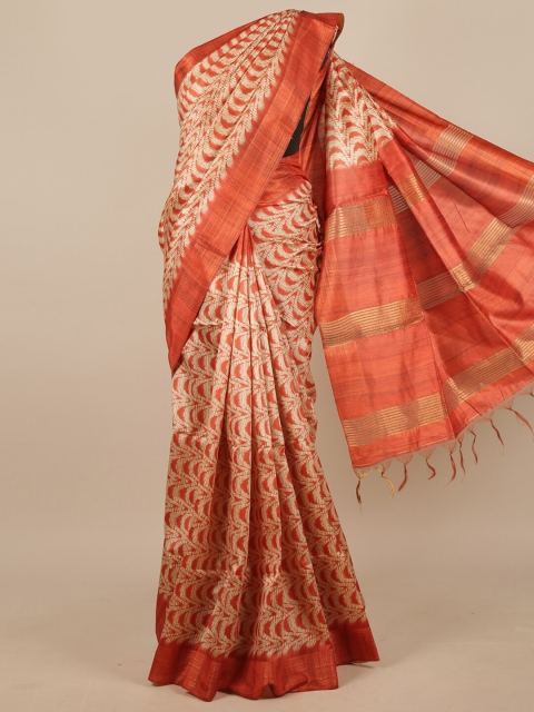 

Pothys Orange & Beige Abstract Printed Jute Silk Saree