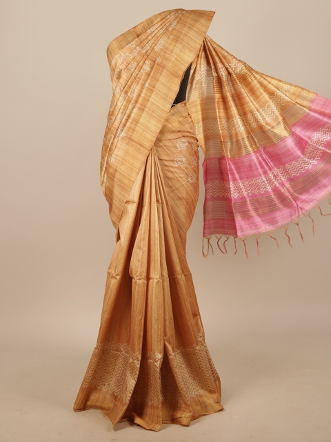 

Pothys Mustard Yellow & Pink Ethnic Motifs Printed Jute Silk Saree