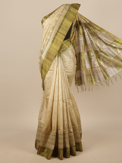 

Pothys Cream-Coloured & Green Abstract Printed Jute Silk Saree