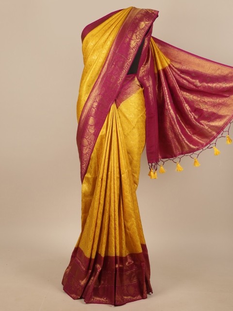 

Pothys Yellow & Magenta Ethnic Motifs Zari Jute Silk Saree