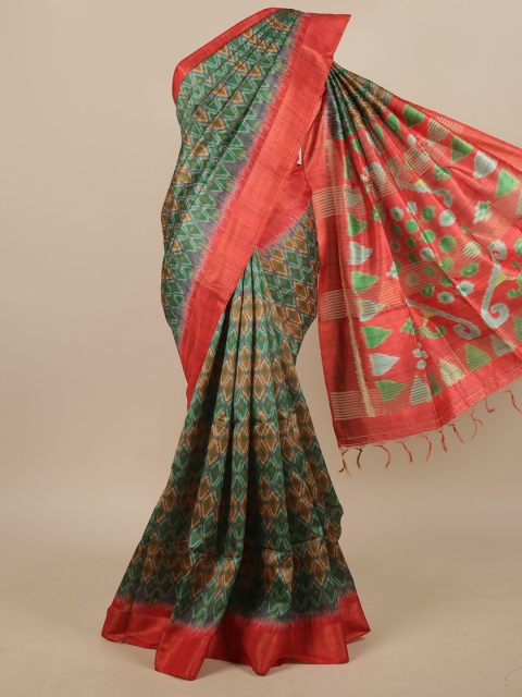 

Pothys Green & Red Ethnic Motifs Jute Silk Saree