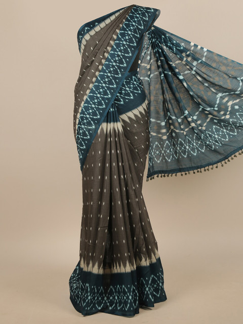 

Pothys Grey & Teal Printed Linen Blend Saree