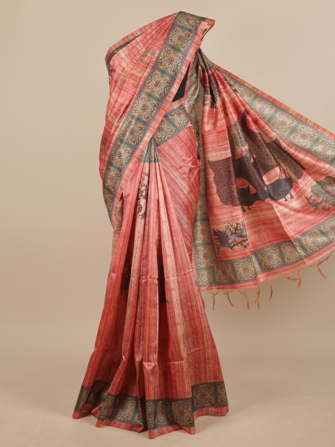 

Pothys Pink & Grey Floral Printed Jute Silk Saree