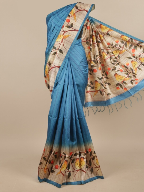 

Pothys Blue & Multicoloured Floral Printed Jute Silk Saree