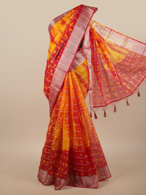 

Pothys Yellow & Red Silver-Toned Checked Zari Border Linen Blend Saree