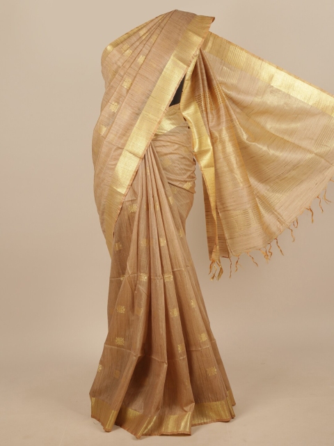 

Pothys Jute Silk Cream-Coloured & Gold-Toned Ethnic Motifs With Zari Border Saree