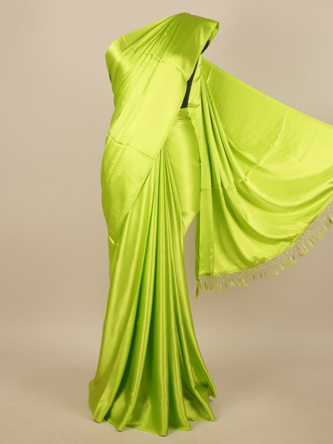 

Pothys Green Solid Satin Saree With Contrast Colour Blouse