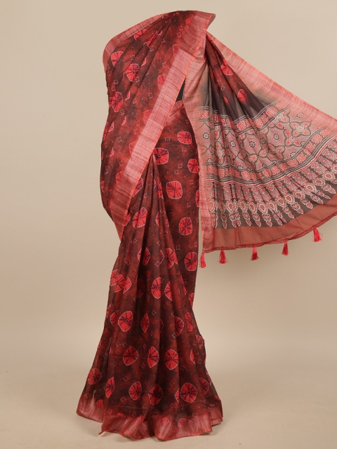 

Pothys Brown & Red Tie and Dye Printed With Zari Border Saree