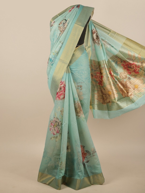 

Pothys Sea Green & Gold-Toned Floral Linen Blend Saree