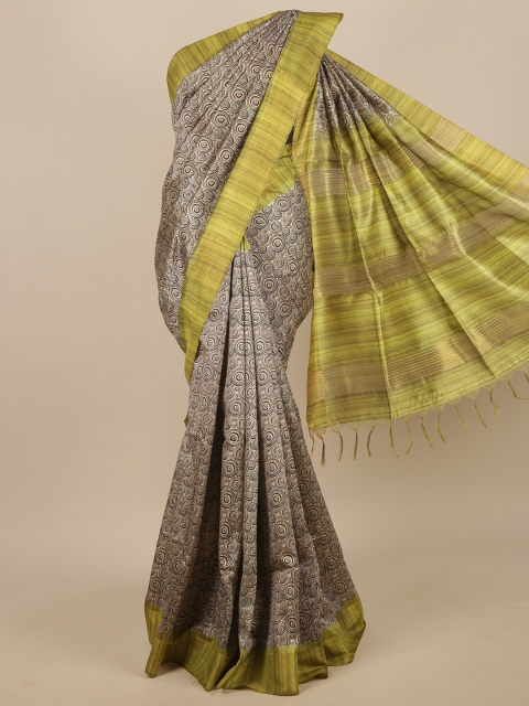 

Pothys Grey & Olive Green Printed Jute Silk Saree