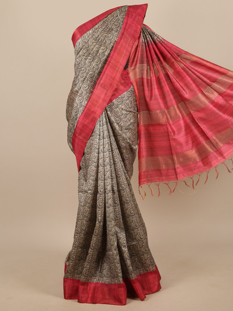 

Pothys Grey & Red Printed Jute Silk Saree