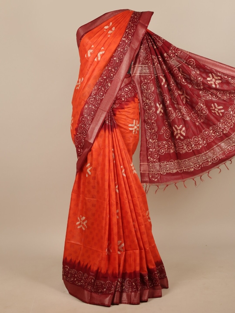 

Pothys Orange & Red Floral Printed With Zari Border Saree