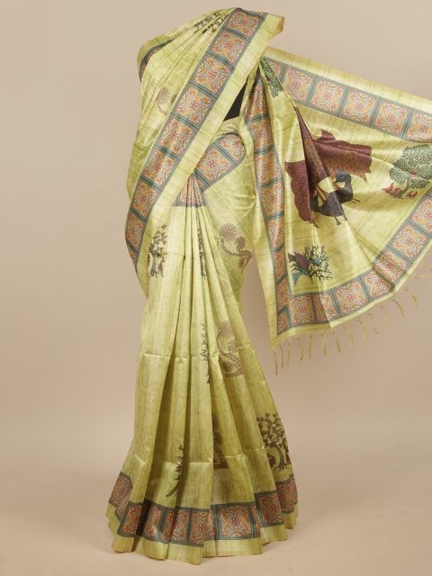 

Pothys Lime Green & Multicoloured Ethnic Motifs Jute Silk Saree