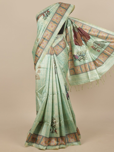 

Pothys Green & Multicoloured Ethnic Motifs Jute Silk Saree