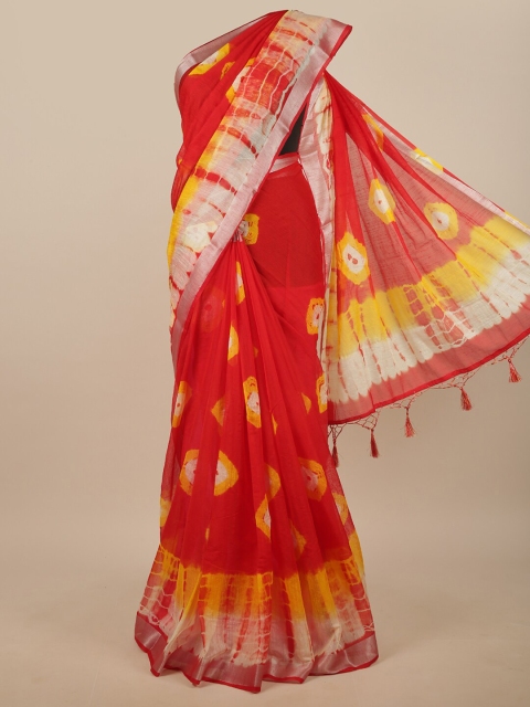 

Pothys Red & Yellow Tie and Dye With Zari Border Saree