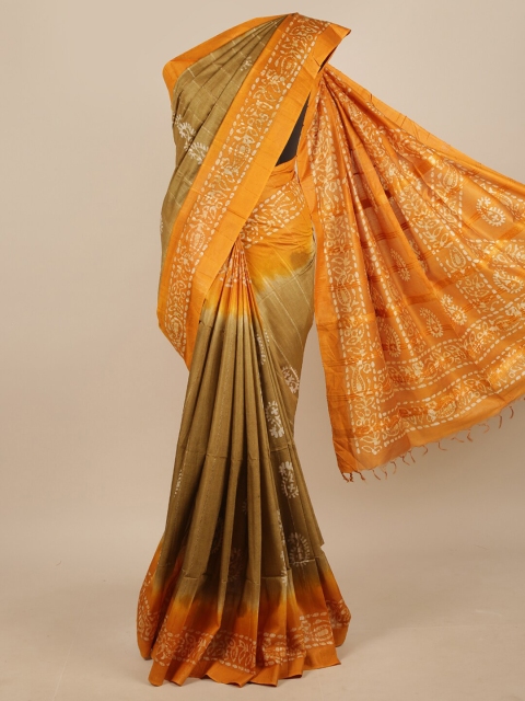 

Pothys Linen Blend Green & Yellow Ethnic Motifs With Zari Border Saree