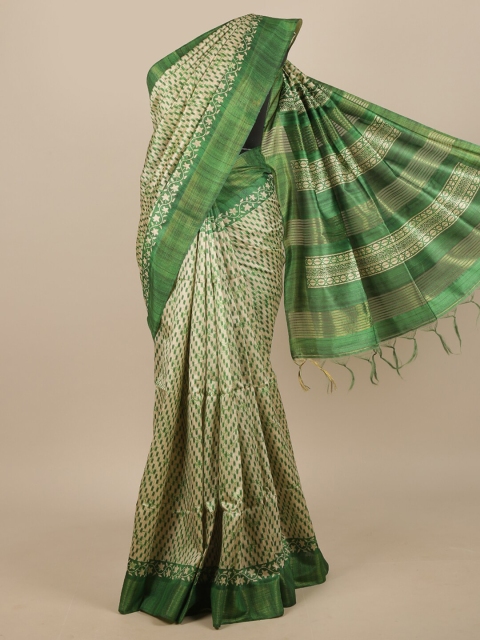 

Pothys Green & Gold-Toned Floral Printed Jute Silk Saree