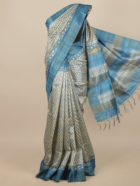 

Pothys Blue & Silver-Toned Floral Printed Jute Silk Saree