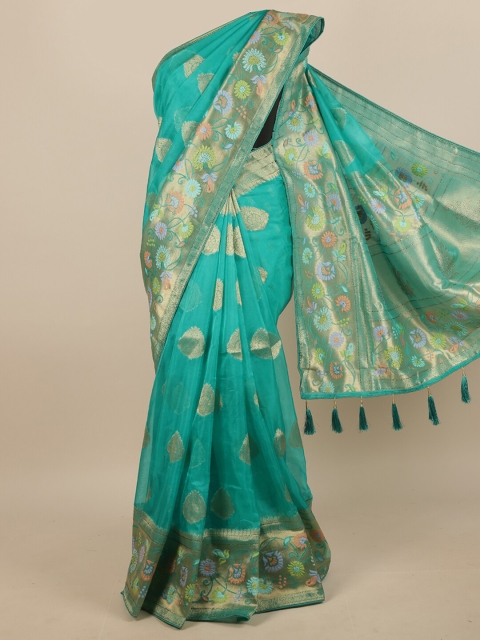 

Pothys Green & Gold-Toned Floral Jute Silk Saree