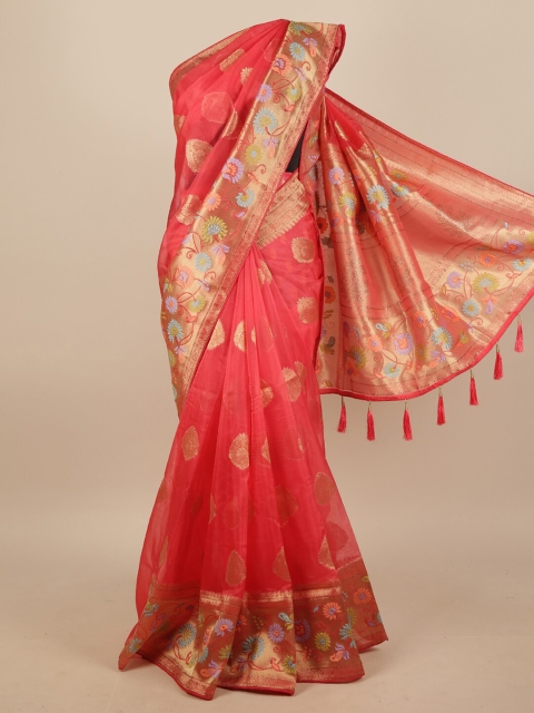 

Pothys Jute Silk Pink & Gold-Toned Floral Woven design Saree