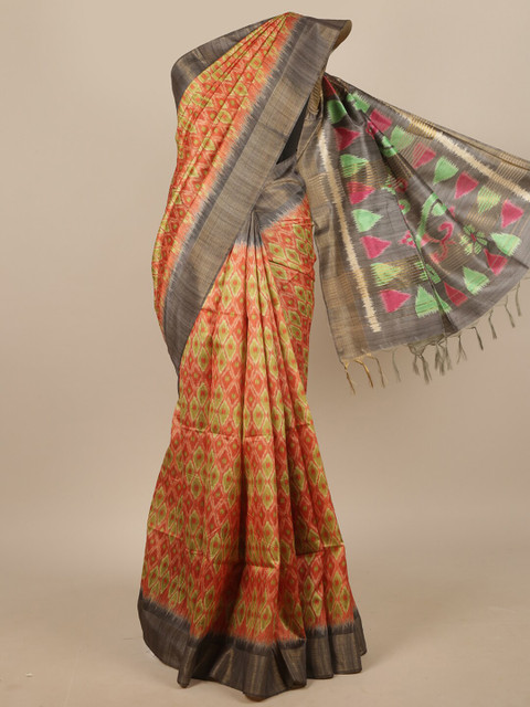 

Pothys Orange & Grey Ethnic Motifs Jute Silk Saree