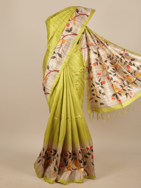 

Pothys Fluorescent Green & Multicoloured Floral Printed Jute Silk Saree