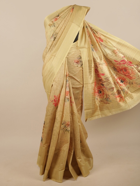 

Pothys Gold-Toned & Rose Floral Printed With Zari Border Linen Blend Saree