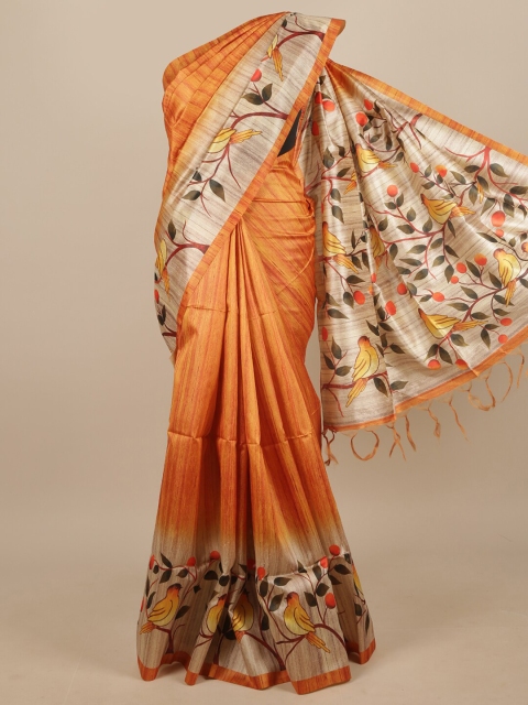 

Pothys Mustard & Multicoloured Floral Printed Jute Silk Saree