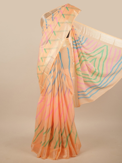 

Pothys Peach-Coloured &Silver-Toned Striped Saree