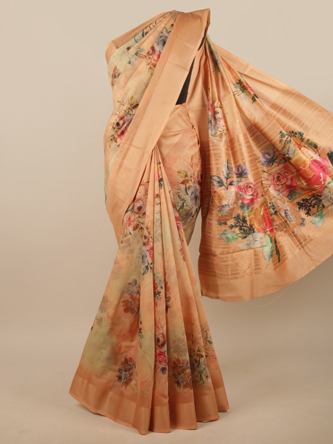 

Pothys Peach-Coloured & Multicoloured Floral Printed Linen Blend Saree