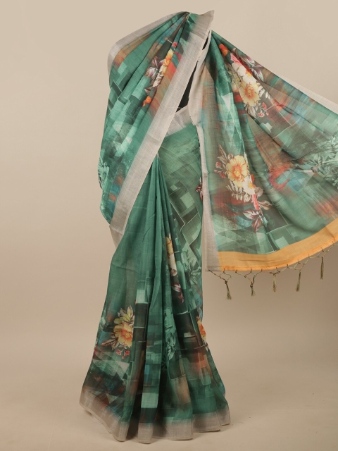 

Pothys Green & Multicoloured Floral Printed Linen Blend Saree
