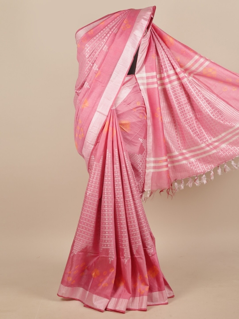 

Pothys Pink & Silver-Toned Woven Design Linen Blend Saree