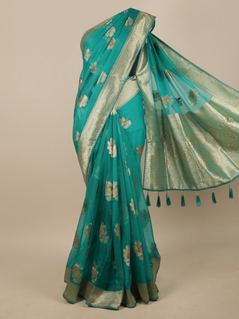

Pothys Green & Silver-Toned Woven Design Jute Silk Saree