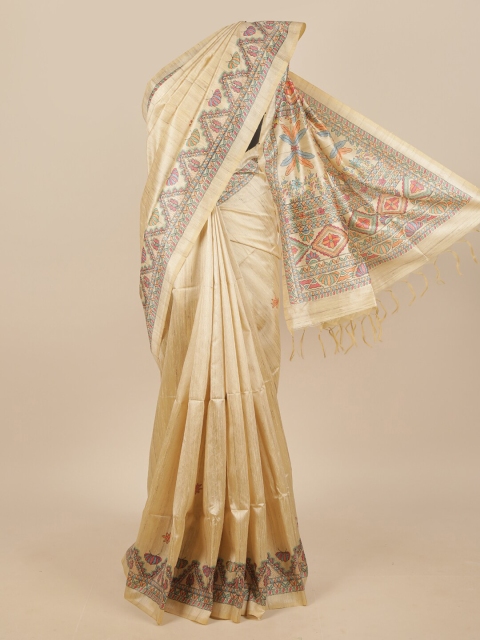 

Pothys Cream-Coloured & Multicoloured Floral Jute Silk Saree