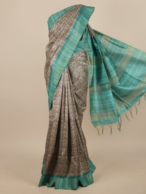 

Pothys Grey & Green Printed Jute Silk Saree