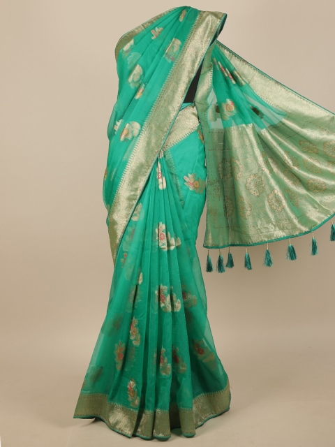 

Pothys Green & Gold-Toned Woven Design Jute Silk Saree