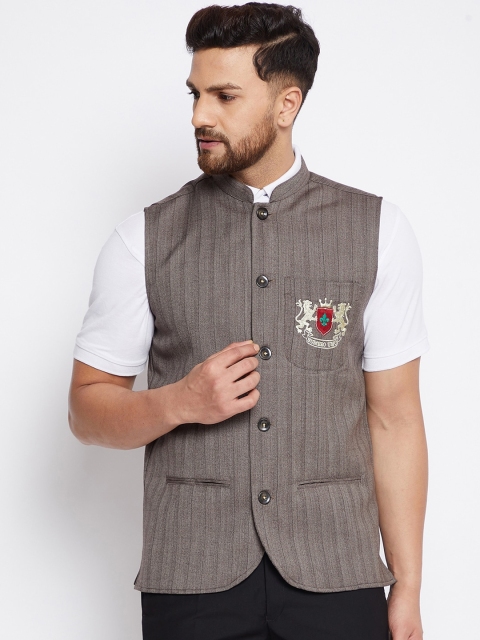 

even Men Brown Striped Nehru Jacket