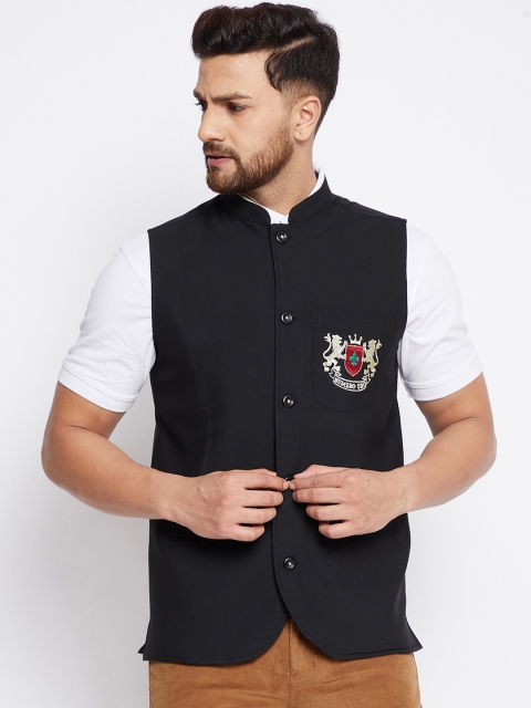 

even Men Black Solid Woven Nehru Jacket