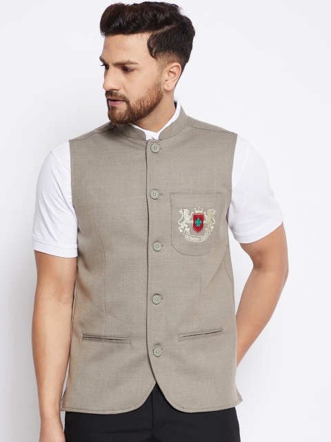 

even Men Beige Solid Woven Nehru Jacket With Logo