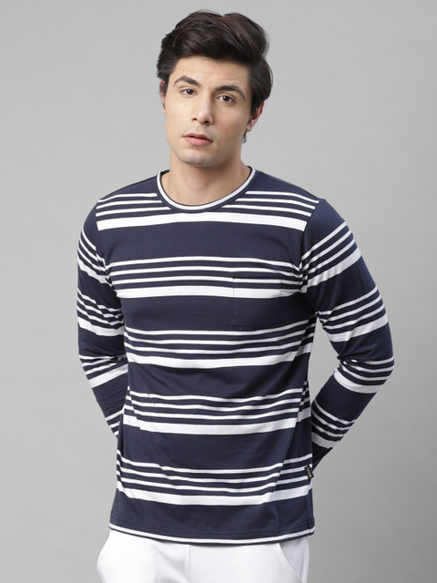 

Rigo Men Navy Blue & Off White Striped Slim Fit T-shirt