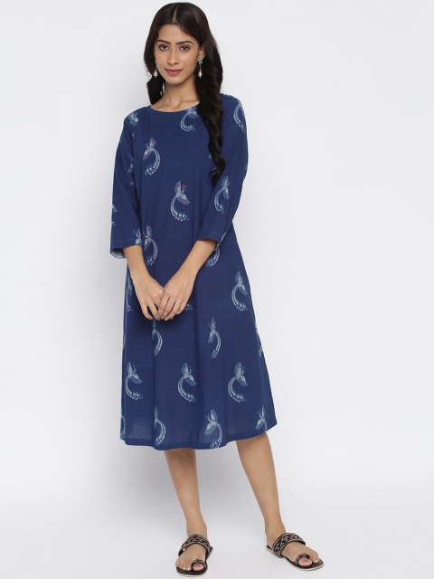 

Fabindia Navy Blue Ethnic Motifs A-Line Cotton Dress