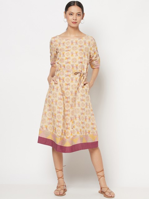 

Fabindia Pink & Yellow Ethnic Motifs Linen A-Line Midi Dress