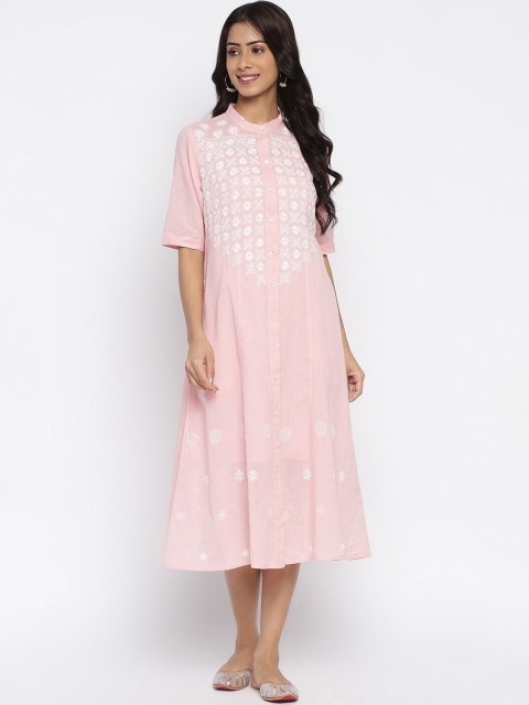 

Fabindia Pink Floral Embroidered A-Line Midi Dress