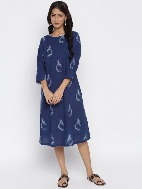 

Fabindia Navy Blue Ethnic Motifs A-Line Midi Dress