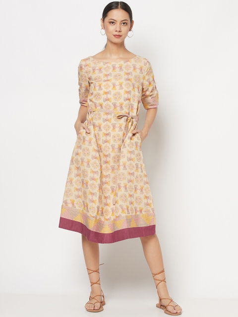 

Fabindia Beige & Pink Linen Ethnic A-Line Tie-Ups Midi Dress