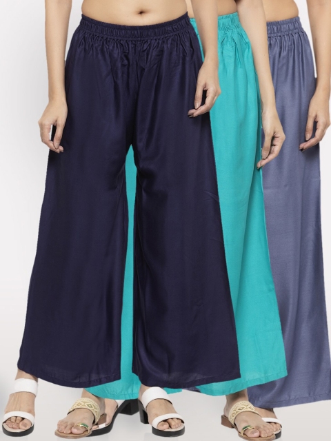 

NEUDIS Women Navy Blue & Teal Pack Of 3 Ethnic Palazzos