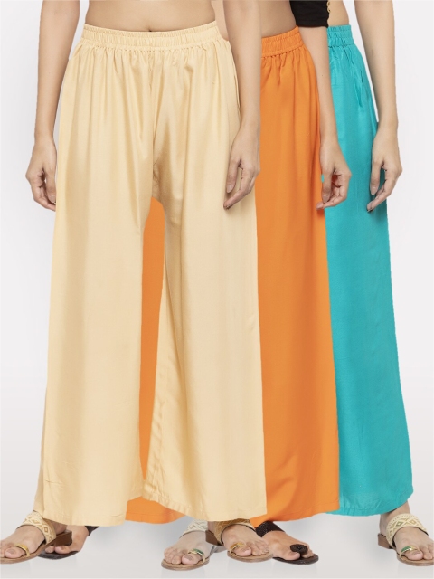 

NEUDIS Women Beige Teal & Orange Set Of 3 Ethnic Palazzos