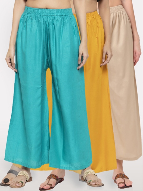 

NEUDIS Women Beige Teal & Yellow Set Of 3 Ethnic Palazzos