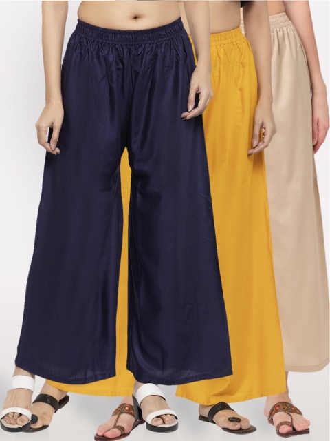 

NEUDIS Women Navy Blue & Yellow Set Of 3 Ethnic Palazzos